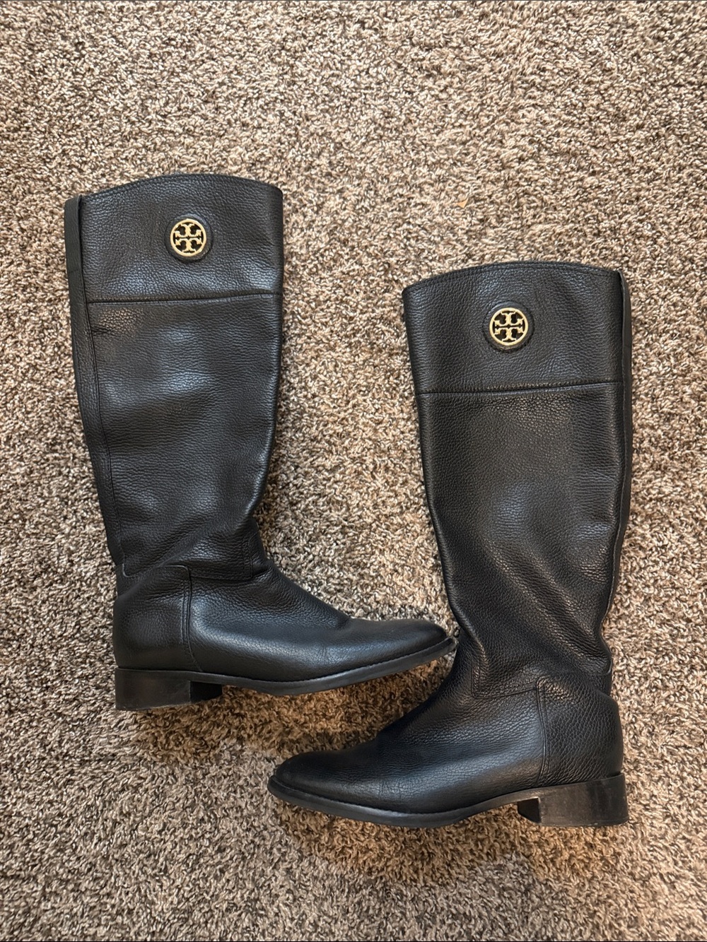 Tory Burch Black Leather Over-the-Knee Boots with Gold Logo